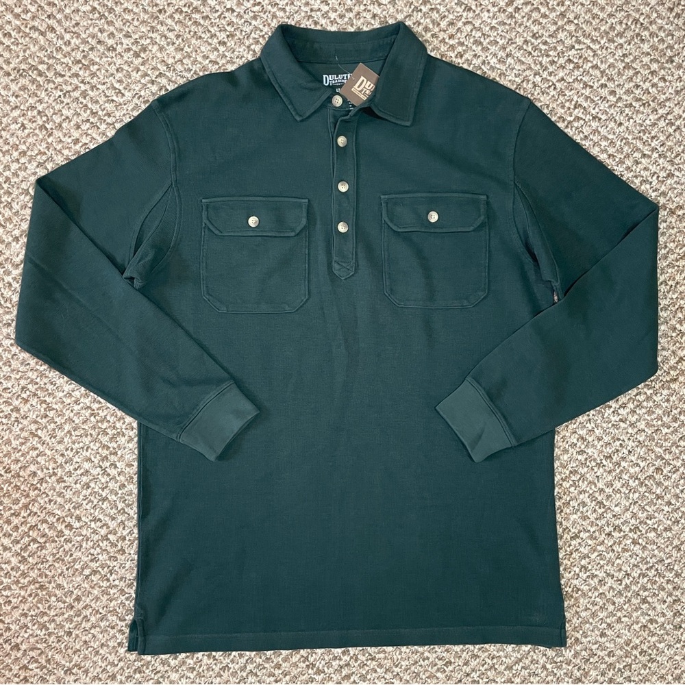 Duluth Trading Co Rib Long Sleeve Cotton Mountain Polo Shirt - Deep Hunter Green
